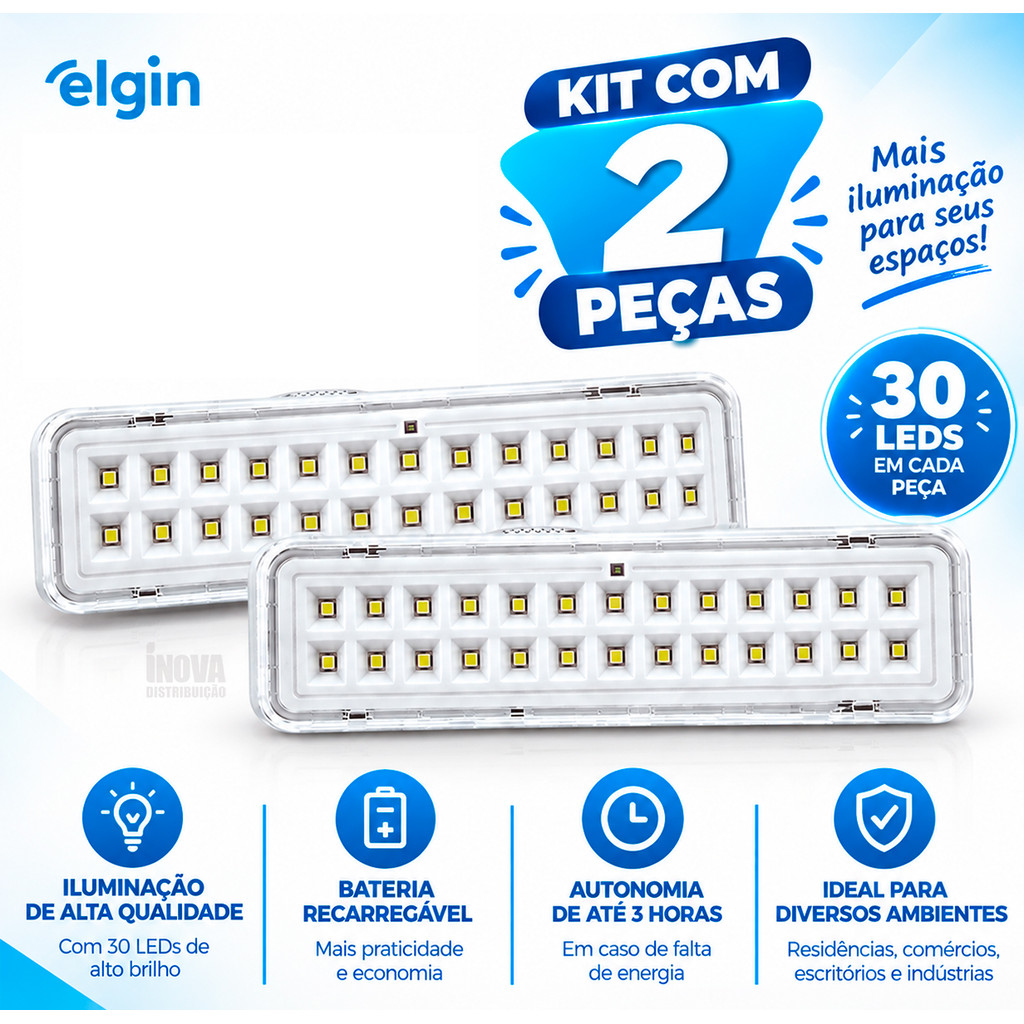 Kit 2 Luminária de Emergência Elgin 30 Led 2w Lâmpada Recarregável 6500k Bivolt