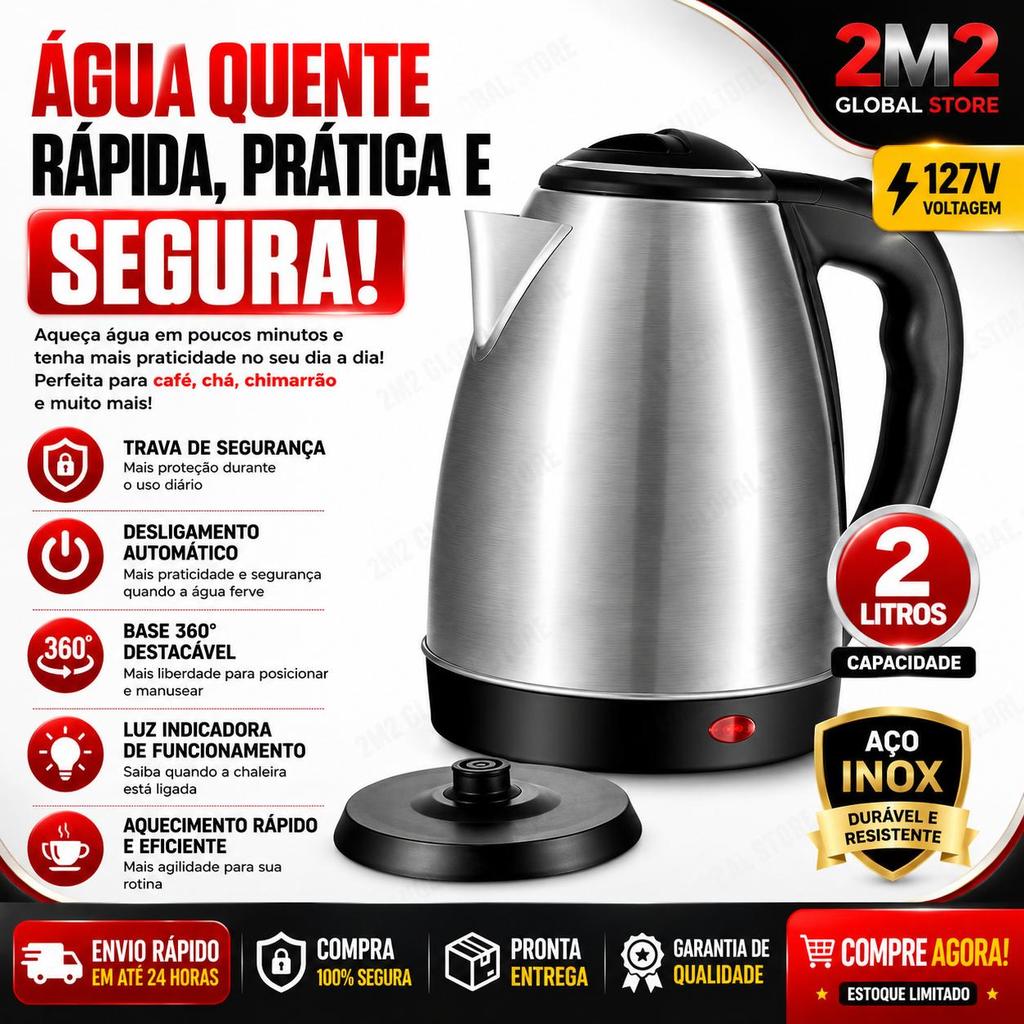 Chaleira Elétrica Inox 2 Litros 127V Desligamento Automático Base 360° Trava Segurança