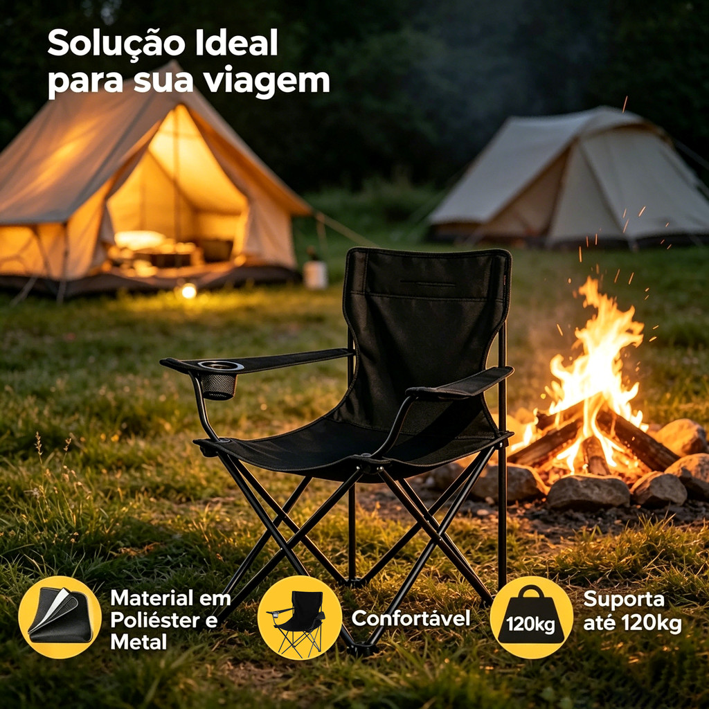 Cadeira Camping Dobravel Suporta 130kg Porta‑Copos Apoio de Costas Para Pesca Praia Jardim com Bolsa