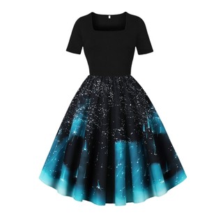 Feminino Retro quadrado pescoço vestido de festa manga curta elegante vestido de baile escola formatura vestido de festa