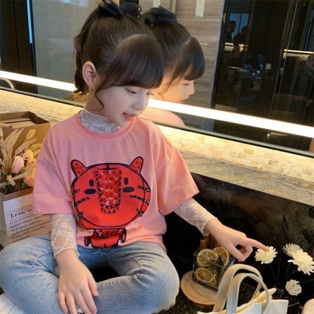 Meninas rendas camisa de fundo primavera verão manga comprida camiseta 2022 novo estilo crianças moda meninas branco jog