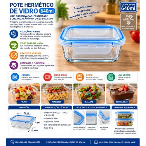 Pote Hermetico Retangular Vidro Transparente Tampa Silicone Vedacao 640ml Organizador Cozinha