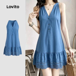 Lovito Vestido Boho Bordado Azul para Mulheres Primavera/Verão DRK8P1D164