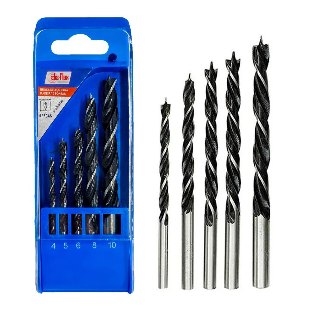 Jogo de broca para madeira 3 pontas 4 a10mm 5 peças - 29.086 Disflex