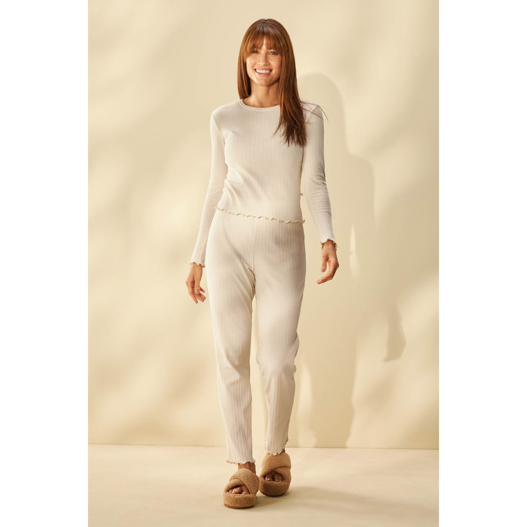 Pijama Feminino Longo Canelado Frufru Marialícia Bege