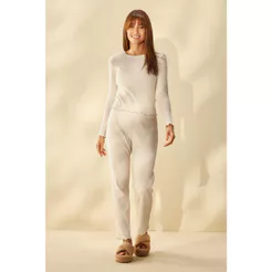 Pijama Feminino Longo Canelado Frufru Marialícia Bege