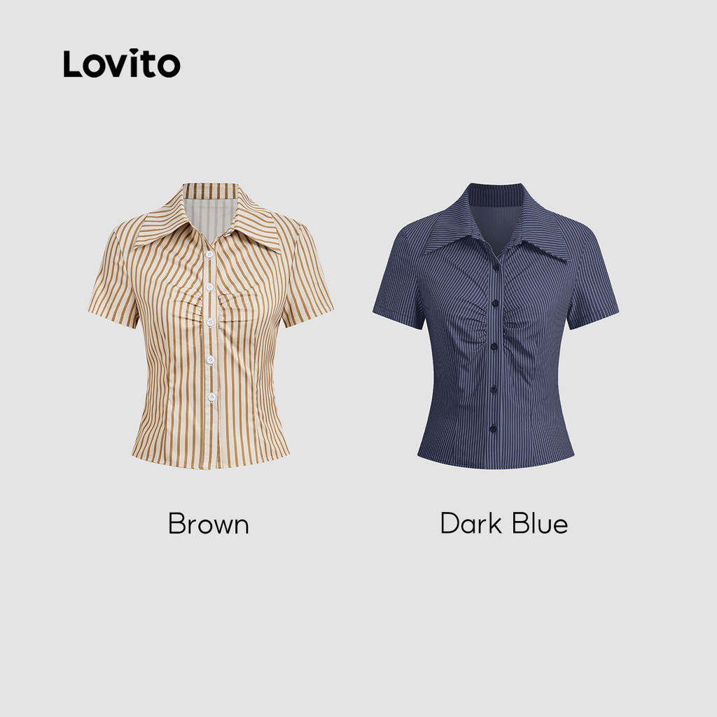 Lovito Elegante Blusa com Botões Franzida Primavera/verão Blusa Azul Escura para mulheres L154LD165