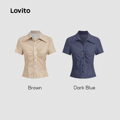 Lovito Elegante Blusa com Botões Franzida Primavera/verão Blusa Azul Escura para mulheres L154LD165