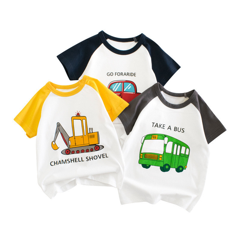 Crianças camiseta de manga curta meninos verão estilo fino 100% algodão em torno do pescoço pulôver padrão do carro 90-1