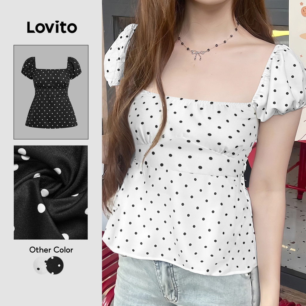 Lovito Casual Camiseta Geométrica Primavera/Verão Camiseta Preta E Branca Para Mulheres L139AD137