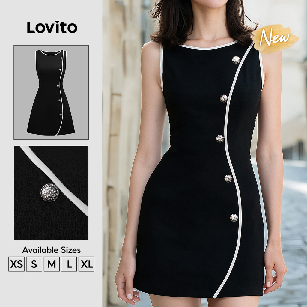 Lovito Vestido Feminino Preto Casual com Acabamento Contrastante e Botão Modelo Curto A Primavera Verão Fim de Semana DRB205P2D297