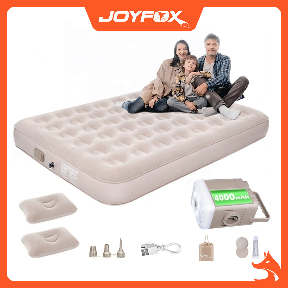 Colchão Inflável Casal Queen JOYFOX (203x152) c/ Bomba Elétrica Bateria 4000mAh Automático Para Camping e Casa