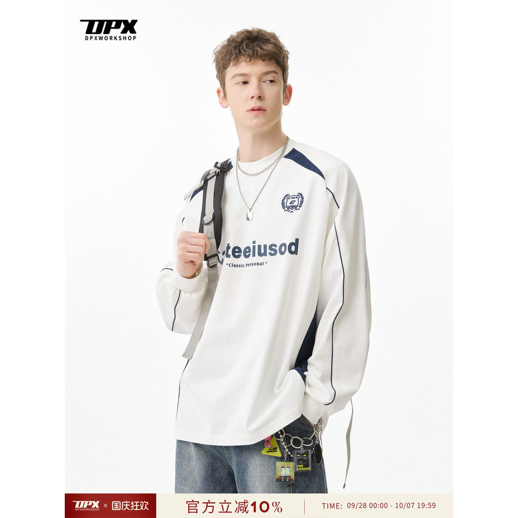 DPX outono novo estilo pesado carta impressão costura manga comprida camiseta masculina americana High Street solto em t