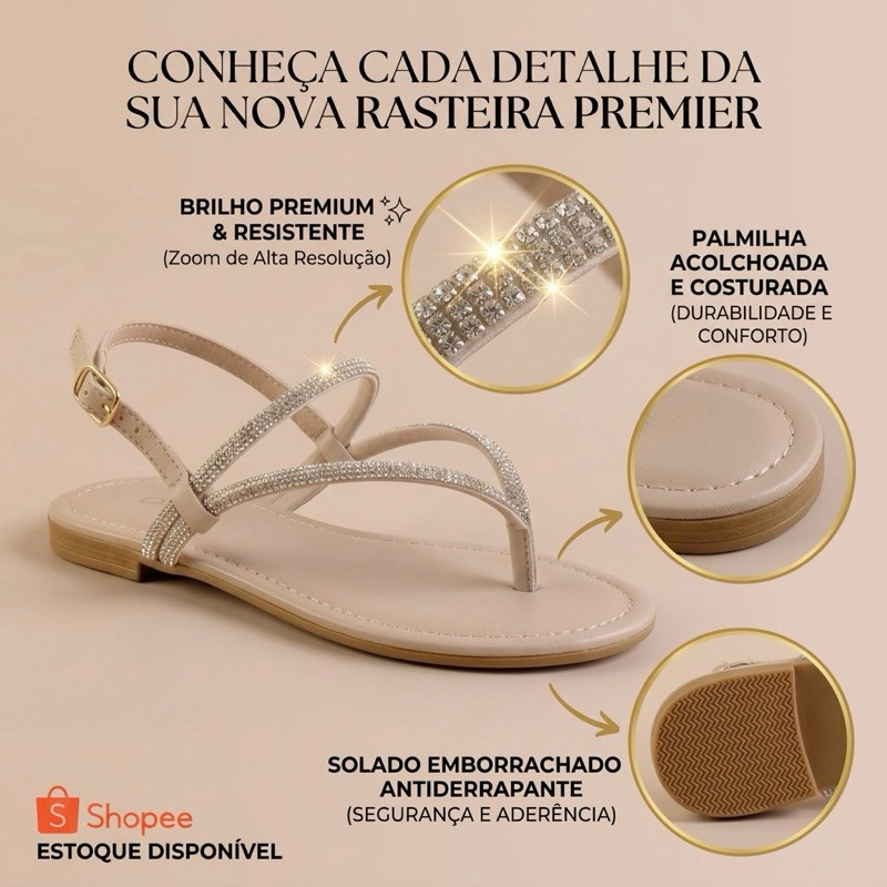 Sandália Papete Feminina com Strass Brilho Confortável Tendência Verão Rasteira