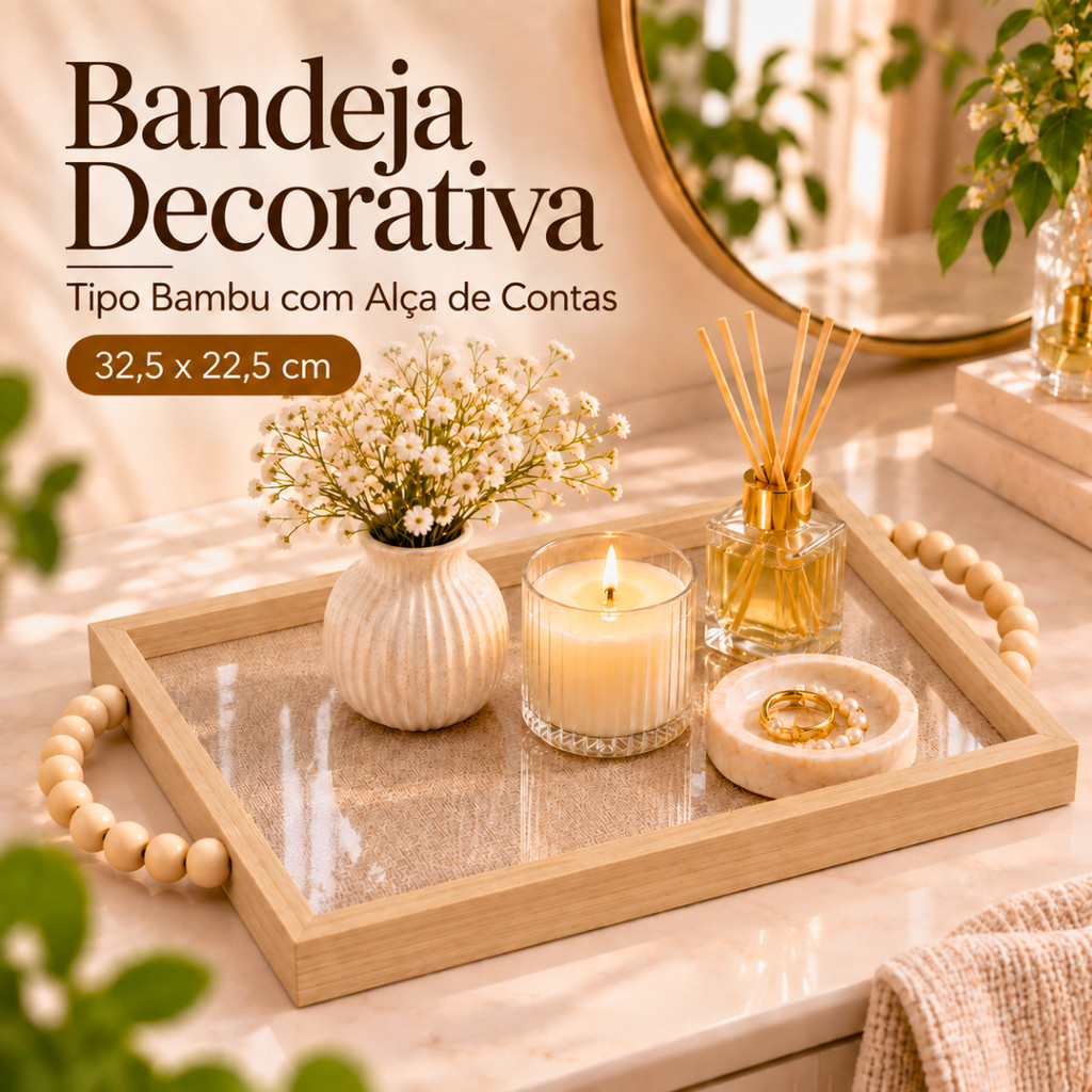 Bandeja Decorativa Bambu Fundo Vidro e Linho com Alça De Contas Organizadora Penteadeira Cosmético Banheiro Sala Cozinha