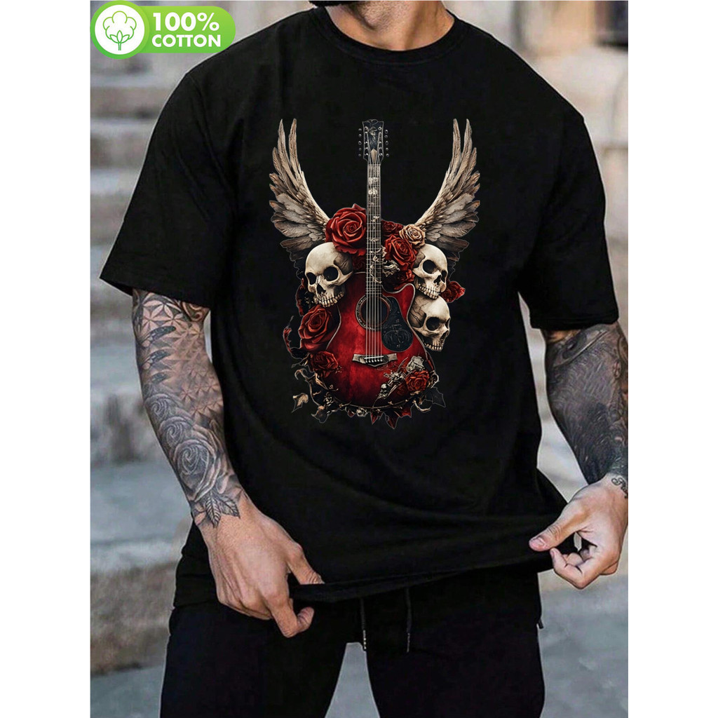 [Camiseta Premium em Algodão Puro]GXG Camiseta Masculina Unissex Oversized Caveira Guitarra 100% Algodão Streetwear Prom