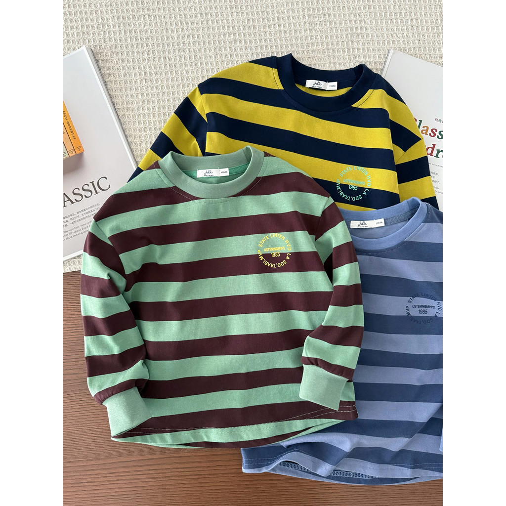 Meninos estilo ocidental listrado camisa de fundo ~ médio grande crianças carta impressão de manga comprida camiseta cri