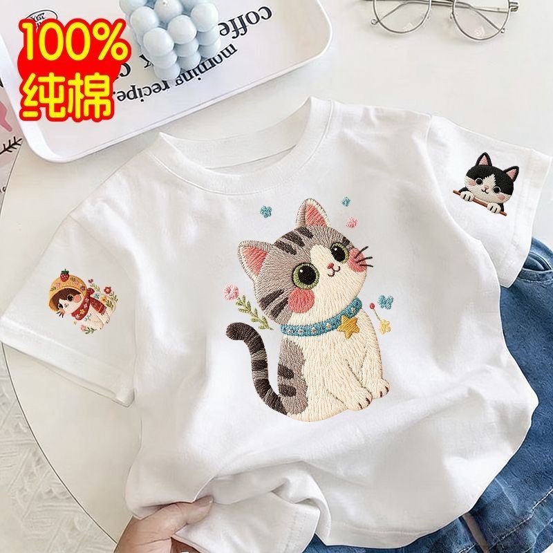 Todos os algodão meninas camiseta branca de manga curta topo 2026 verão crianças bonito impresso estilo ocidental camisa