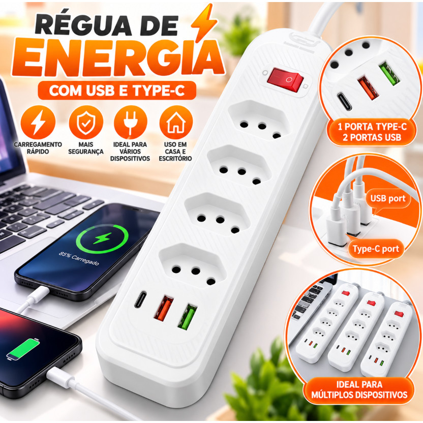 Régua Filtro de Linha Extensão Elétrica  10A 110v/220v Cabo de 1,8 Metros Seguro e Confiável
