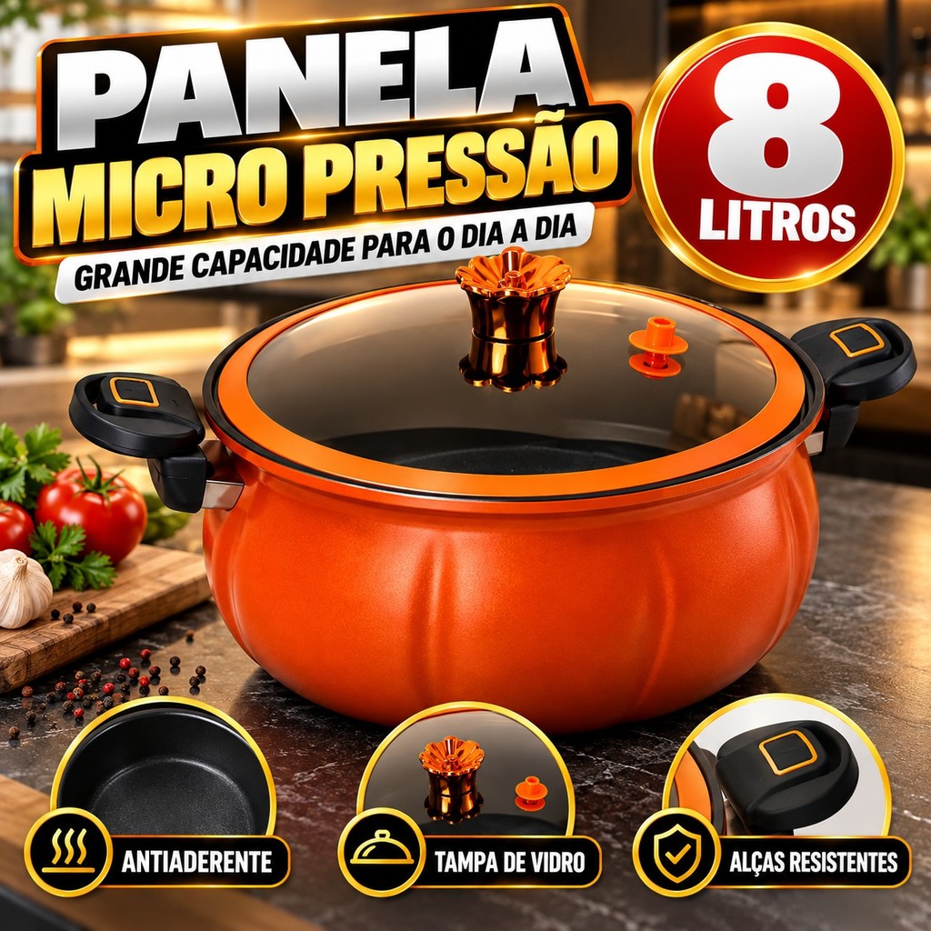 Panela Micro Pressão 8L Caçarola com Tampa de Vidro E Revestimento Antiaderente Livre de Pfoa P/ Todos Fogões