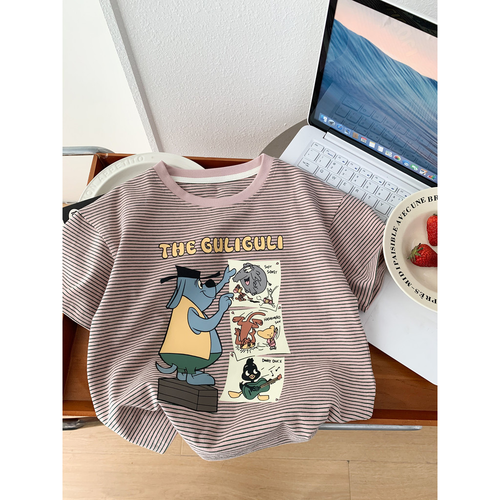 Meninos verão puro algodão listrado camiseta de manga curta 2026 novo estilo crianças em torno do pescoço fino meia mang