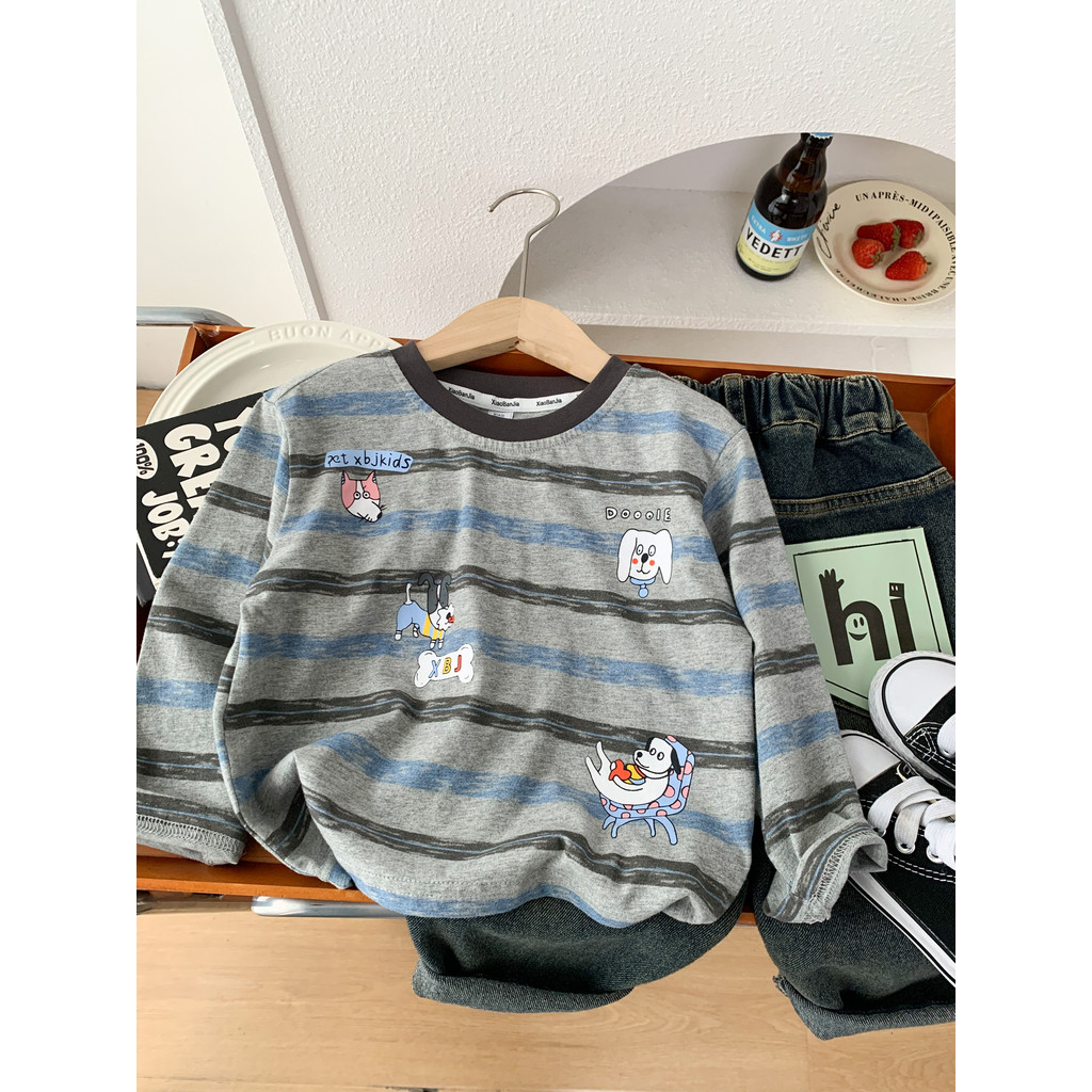 Meninos primavera outono manga comprida camiseta 2026 novo estilo crianças Casual listrado solto camisa de fundo médio p
