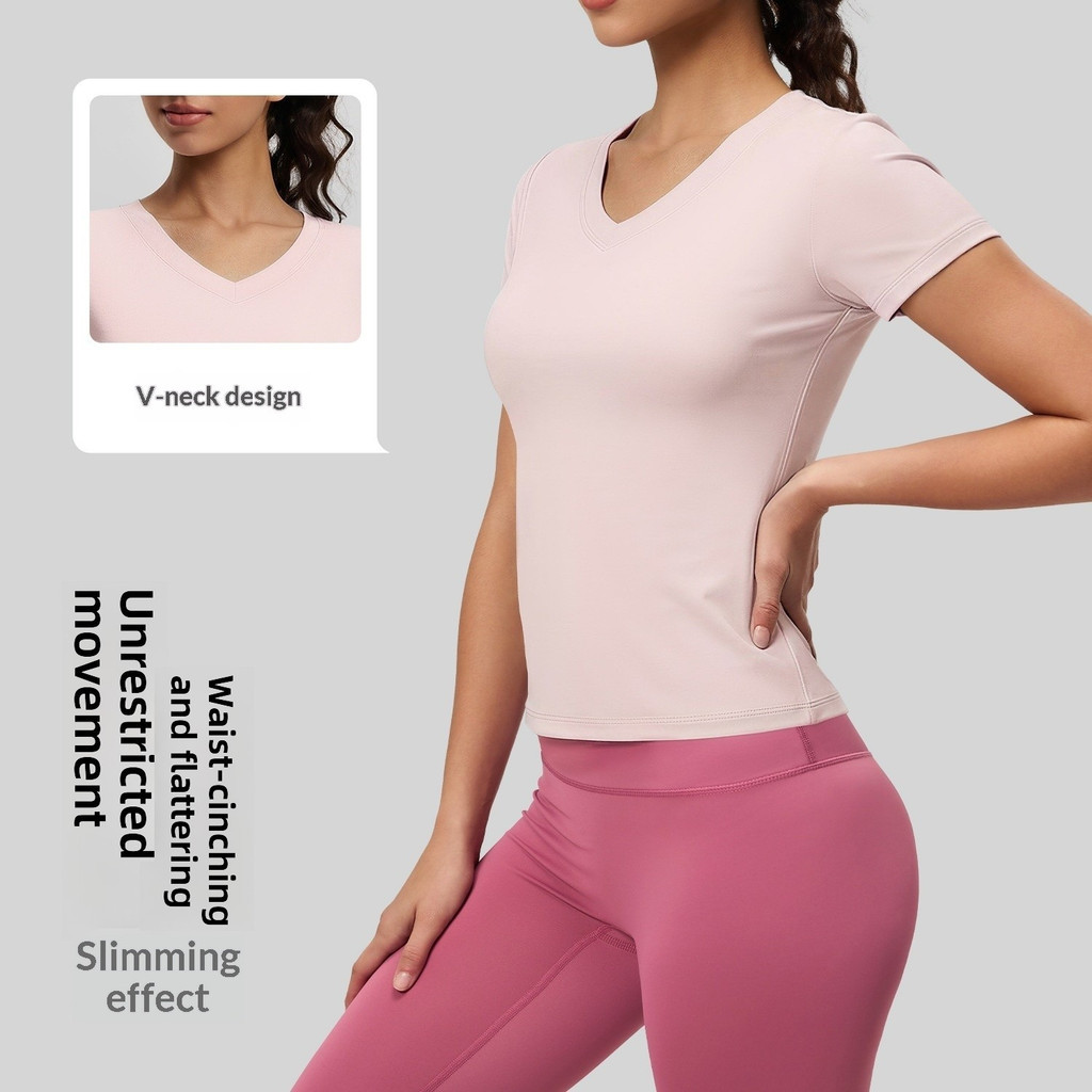 Novo estilo pêssego básico com decote em V manga curta esportes lazer Fitness correndo respirável magro-
