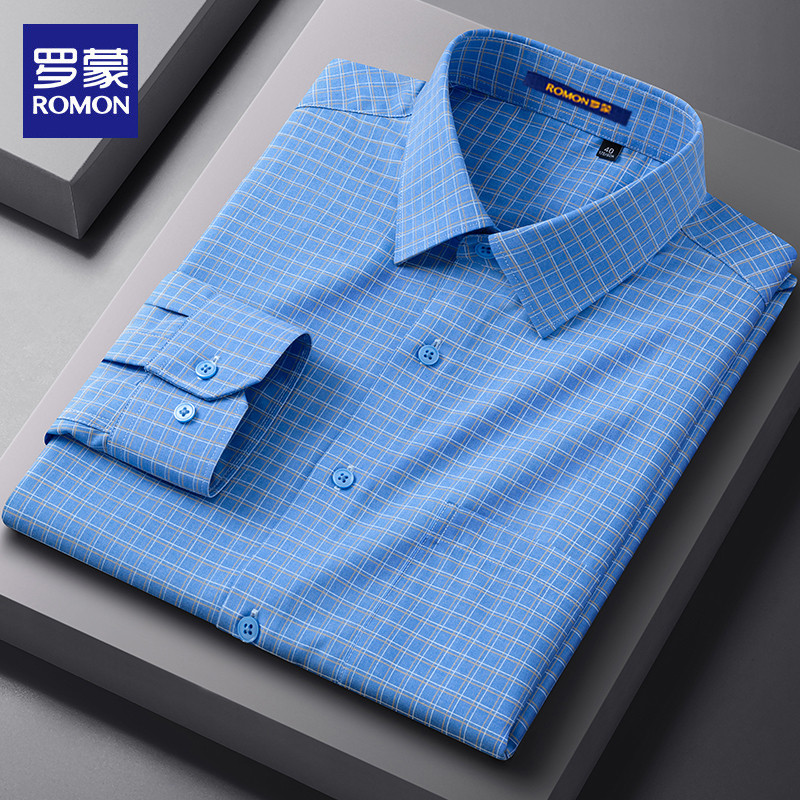 Lomon novo estilo camisa xadrez azul masculina de manga comprida Casual não-ferro listrado impresso camisa masculina de 