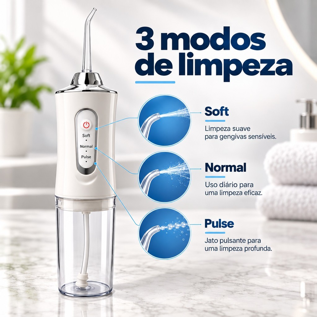 Irrigador Bucal Elétrico Recarregável Jato de Água 200ml 3 Modos 4 Bicos Portátil Oásis OIH-5401 · foto 2