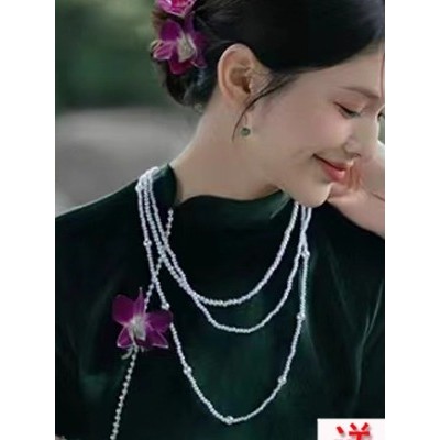 Colar de pérolas multicamadas com acessórios Cheongsam colar feminino de três camadas colar de comprimento médio suéter 