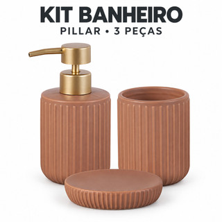 Kit Banheiro Lavabo Cerâmica 3 Peças Pillar Canelado Porta Sabonete Líquido Porta Escova de Dente e Saboneteira