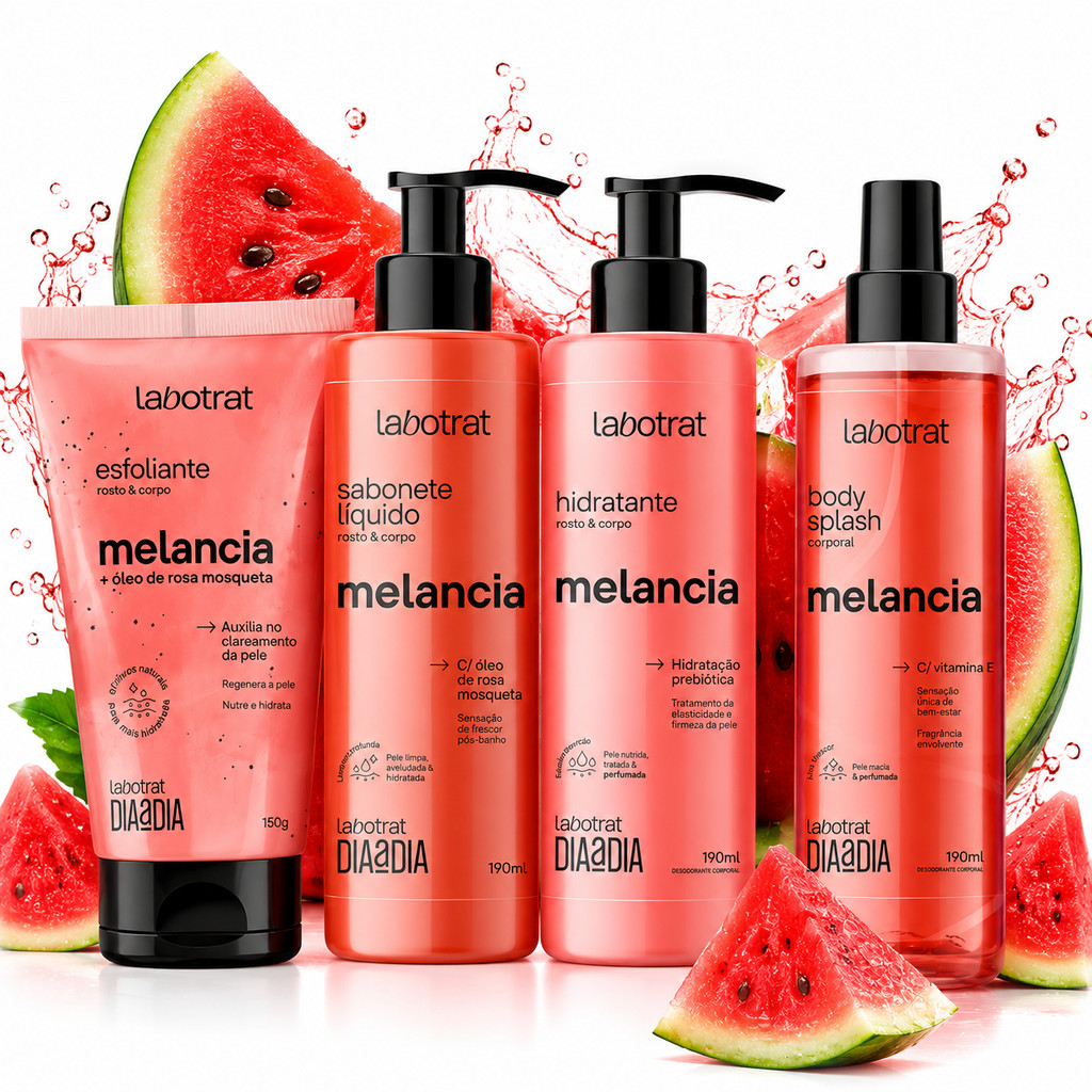 Kit 4 Melancia Esfoliante Hidratante Sabonete Líquido Body Splash Labotrat