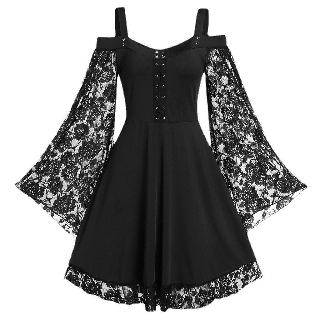Manga Sino De Ombro Europeia E Americana , Costura De Renda , Vestido Retrô Literário , Saia casual Feminina , Um Por .