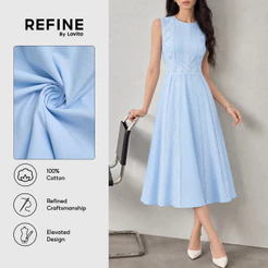 (Refine by Lovito) Vestido Feminino De Algodão Azul Claro Longo Em A Duplo Em Renda Para Trabalho DRR43P1D009