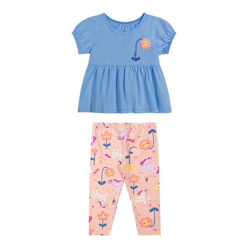 Conjunto Bebê Menina Curto Flor em Puff Elian Azul