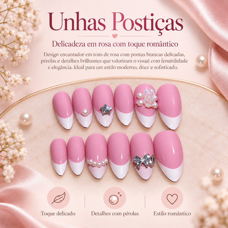 Kit Unhas Postiças de Pressão Amêndoa Rosa, Francesinha Branca, Pérolas, Laço e Estrela
