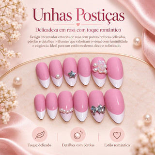 Kit Unhas Postiças de Pressão Amêndoa Rosa, Francesinha Branca, Pérolas, Laço e Estrela