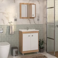 Conjunto de Banheiro 2 Portas com Gabinete Cuba e Espelheira 60cm Essenza Lamina Mel/Branco