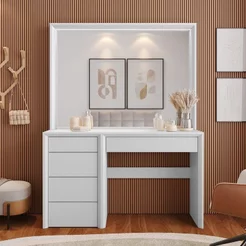 Penteadeira 5 Gavetas Prime 100% MDF com Espelho Branco Acetinado