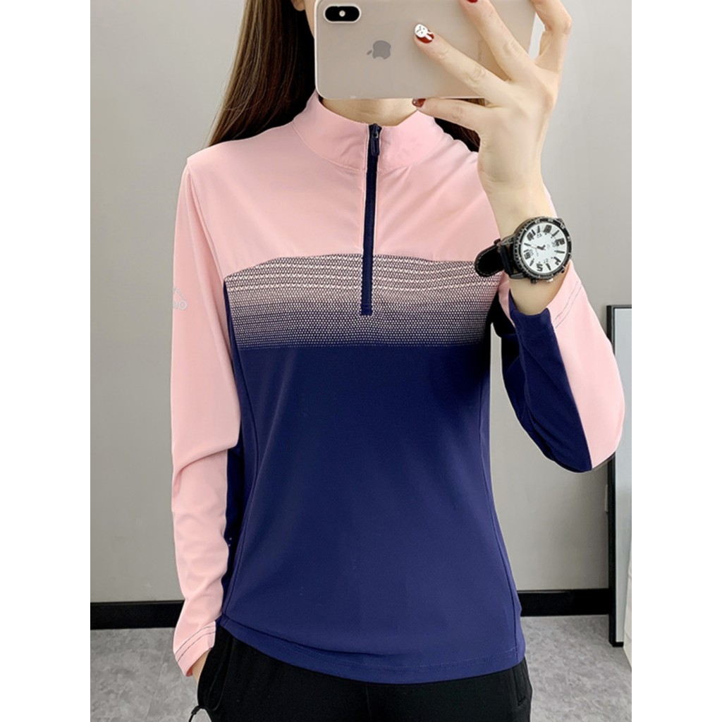 Primavera verão novo estilo estiramento de manga comprida camiseta feminina gradiente respirável roupas de secagem rápid
