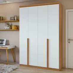 Guarda Roupa Solteiro 4 Portas 2 Gavetas MDF Alonzo 153.5cm Marrom Amêndoa Clean/Branco Amêndoa Clean/Branco