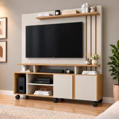 Estante para TV e Home Theater até 55 Polegadas 100% MDF 160CMX182,5cm 2 Portas Valência Branco Off White/Nature
