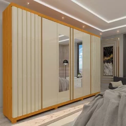 Guarda Roupa Casal Ripado 6 Portas 4 Gavetas com Espelho Absolut New 100% MDF Marrom/Marrome/Off White Naturale/Off