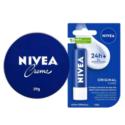 Kit Nivea Care Creme Hidratante Latinha Azul 29g + Hidratante Labial 4,8g