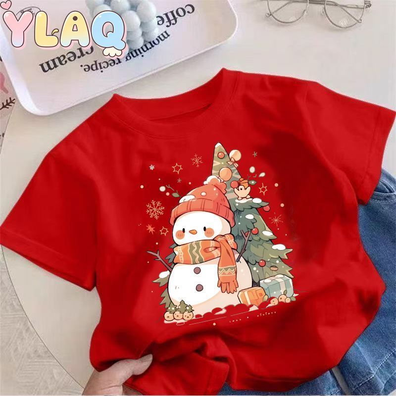 Natal Boneco De Neve Árvore De Impressão Crianças Camiseta Meninos Meninas Bonito Manga Curta Tripulação Pescoço Topo