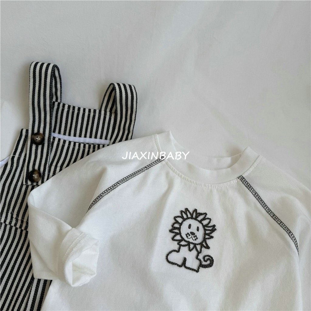 80-130cm crianças estilo ocidental camiseta de manga comprida primavera verão masculino feminino bebê pequeno leão borda