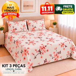 Kit 3 Pçs Lençol Casal Percal 500 Fios Linha Premium Luxo