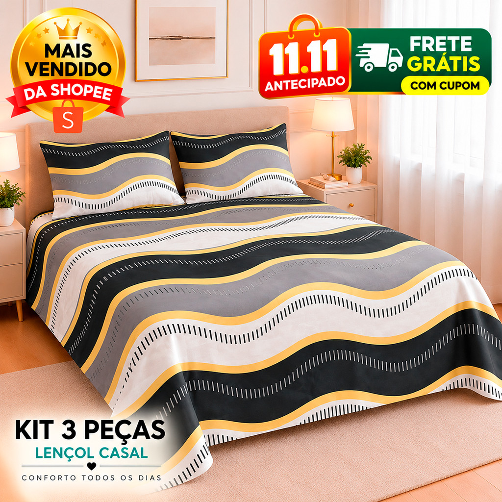 Kit Jogo 3 Pçs Lençol Casal Queen Micro Percal 500 fios Toque Algodão Macio Luxo 2 Porta Travesseiro