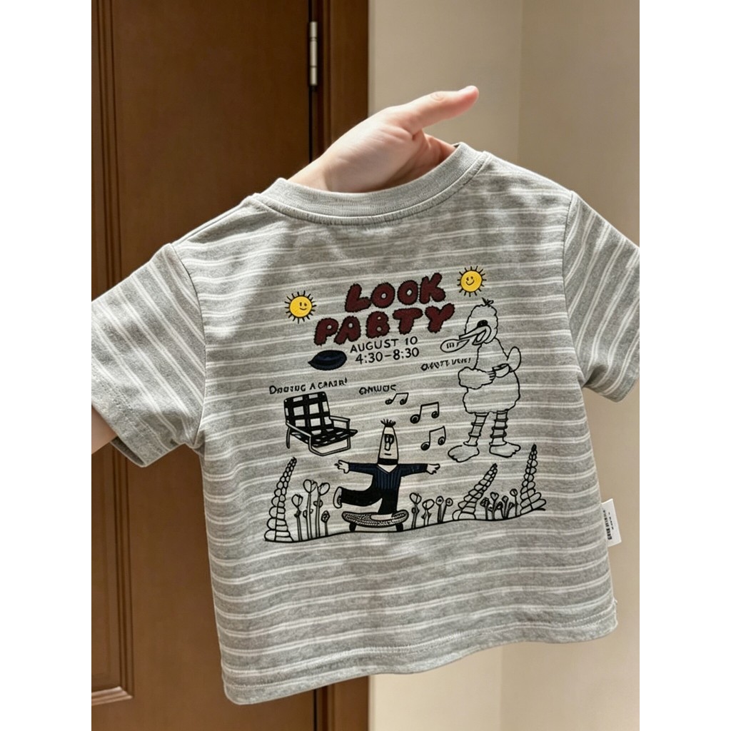 Crianças verão novo estilo leve solto estilo unissex camiseta de manga curta meninos meninas impresso listrado na moda n