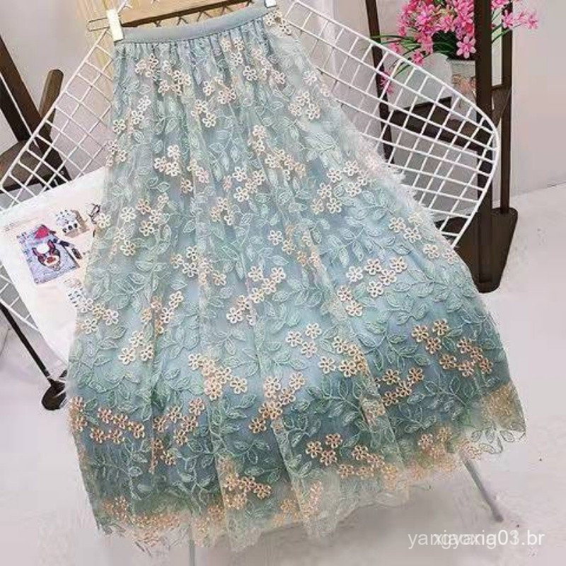Saia midi feminina com bordados florais, cintura alta, corte em A, estilo coreano, saia longa plissada de tule, para o t
